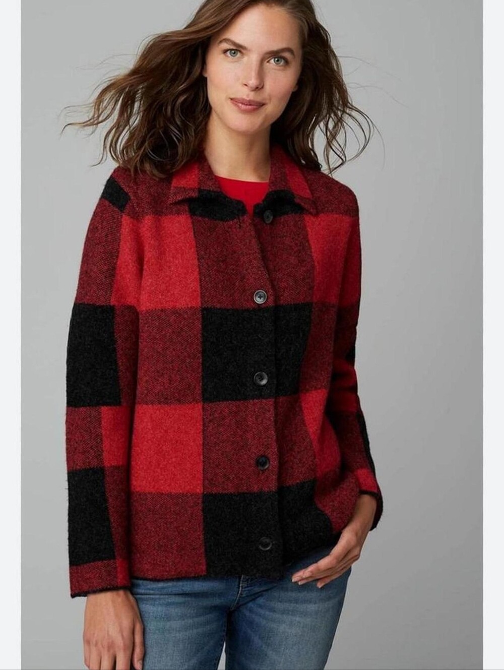 J Jill Wool Blend Red and Black Plaid Women's Button-Up Coat Size L